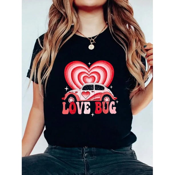 Camiseta con estampado gráfico de flores y texto "Love Bug", cuello redondo, manga corta, tejido elástico, top de verano, camiseta deportiva informal.