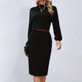 thumbnail image 2 of Skirt Set Solid Color Ribbed Long Sleeve Top and Bodycon Skirt Commuting Suit Summer Outfits for Women Black S, 2 of 7