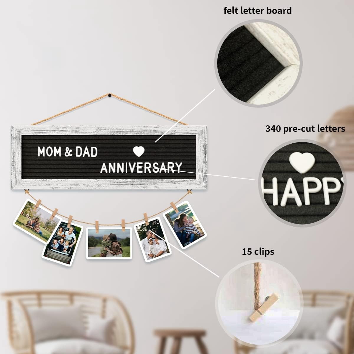 Hanging Photo Display Multiple Polaroid Picture Frames Collage Wall Decor, Felt Letter Board with 340 Letters and 15 Clips, DIY Cards Holder Frame Collage Set for Christmas Holiday Birthday Gi