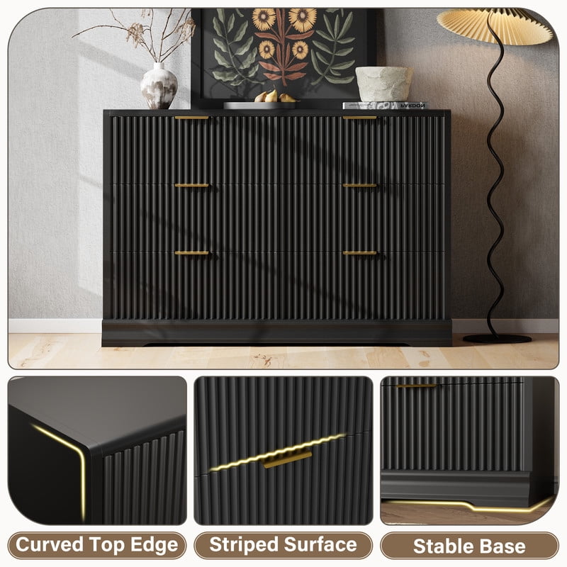 Lacoo 6 Drawer Fluted Dresser, Modern Ribbed Chest of Drawers with Gold Handles, Large Storage Dresser TV Stand for 50" TV