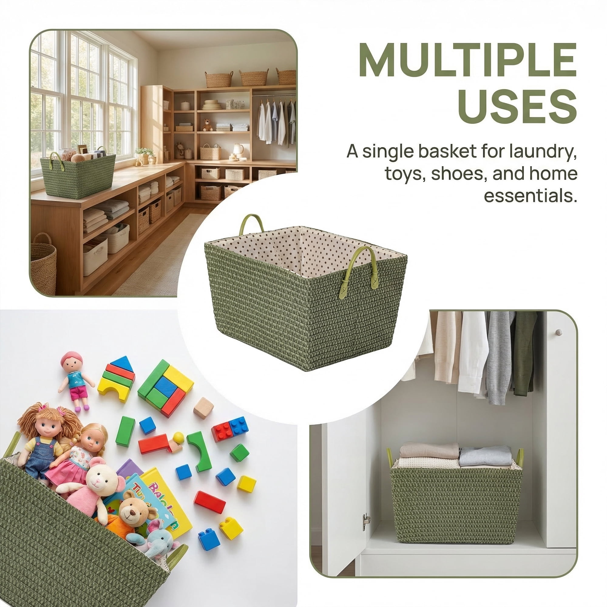 Unique Bargains Woven Storage Basket Shelf Closet Storage Bin Green 17.7*13.8*9.8in