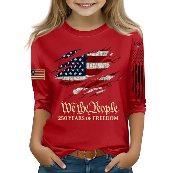 Abcomgle Girls 4th Of July T-Shirts 14-16 3/4 Sleeve Patriotic Tee Tops Crew Neck Funny 250th Anniversary Print T-Shirt Going Out Independent Day Tees,Red,7-8Years