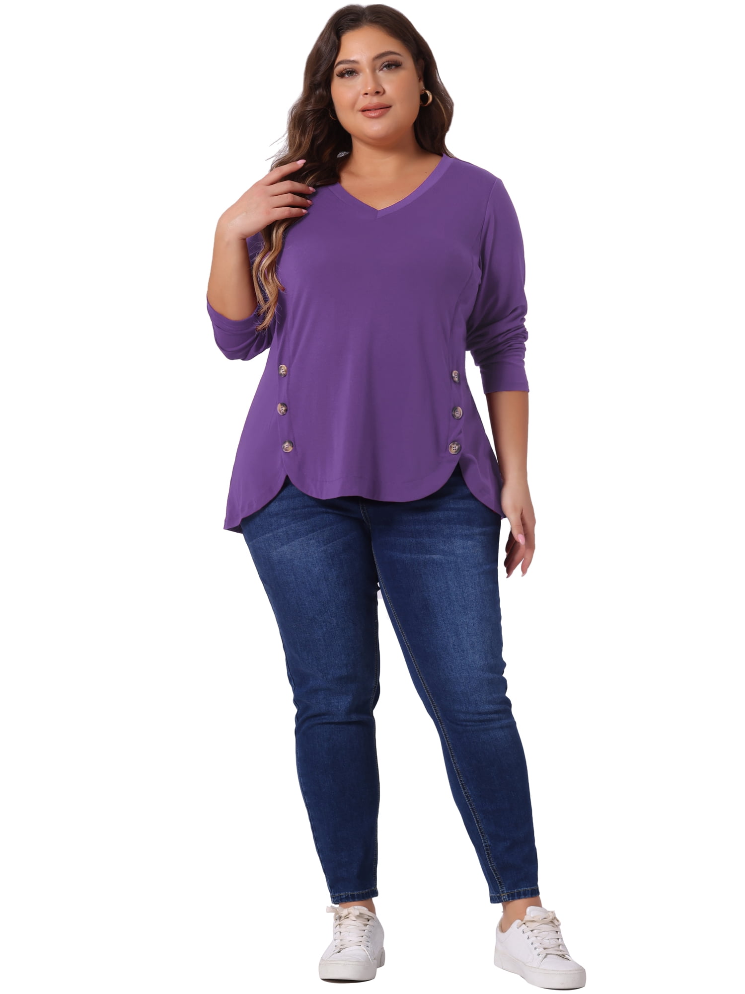 DARING DIVA Women's Plus Size Long Sleeve Button Side Swing Blouses 3X Dark Purple