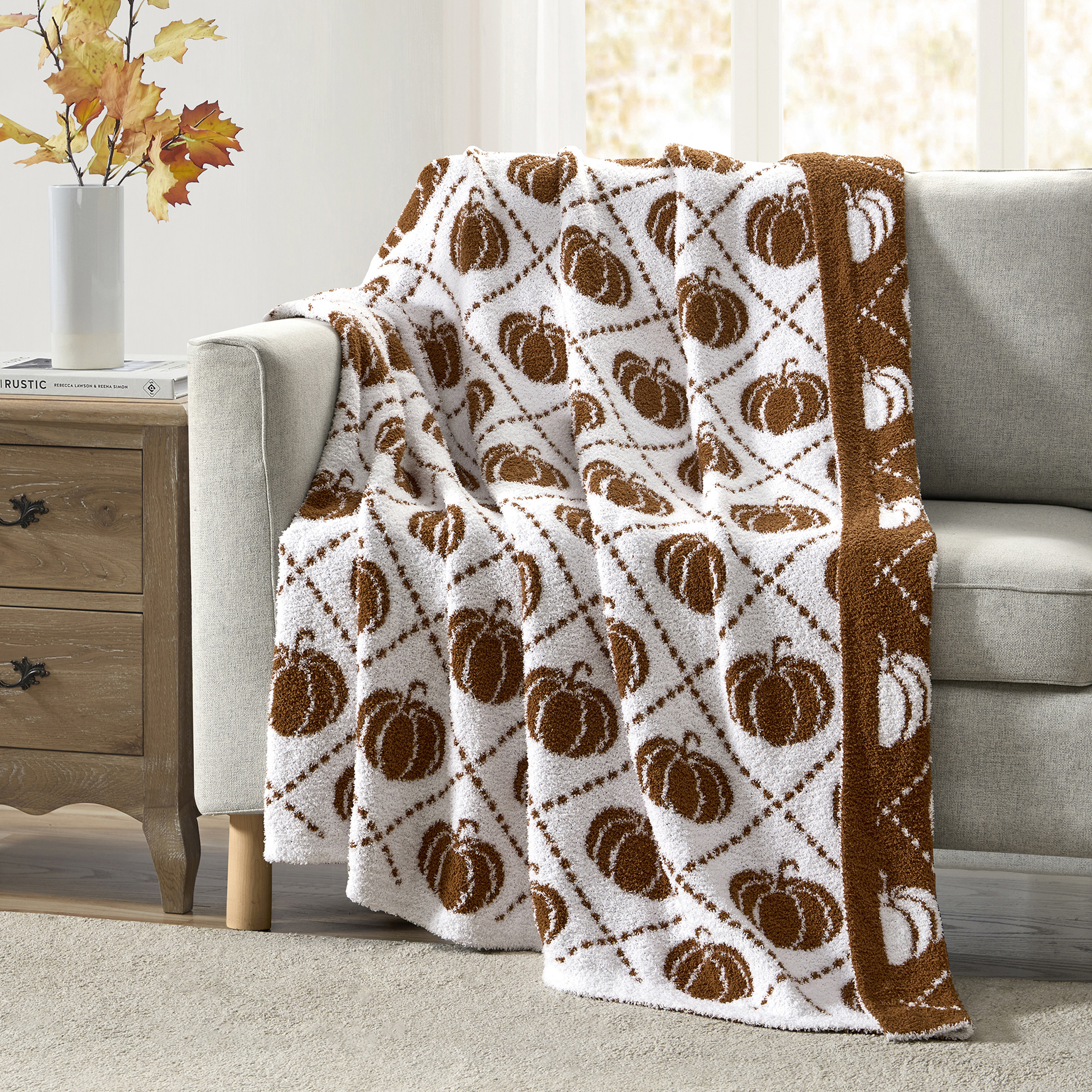 My Texas House White/Ginger Cozy Knit Pumpkin Throw, 50" x 60"