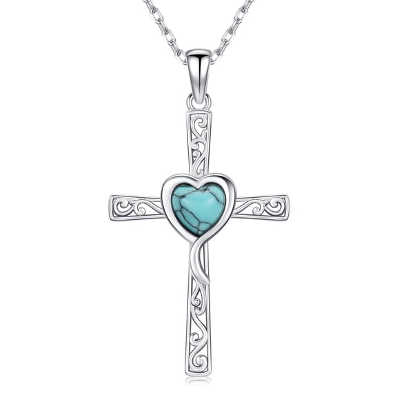 Coachuhhar Cross Necklace 925 Sterling Silver Heart Turquoise Filigree Pendant Religious Catholic Jewelry Christmas Gifts for Women
