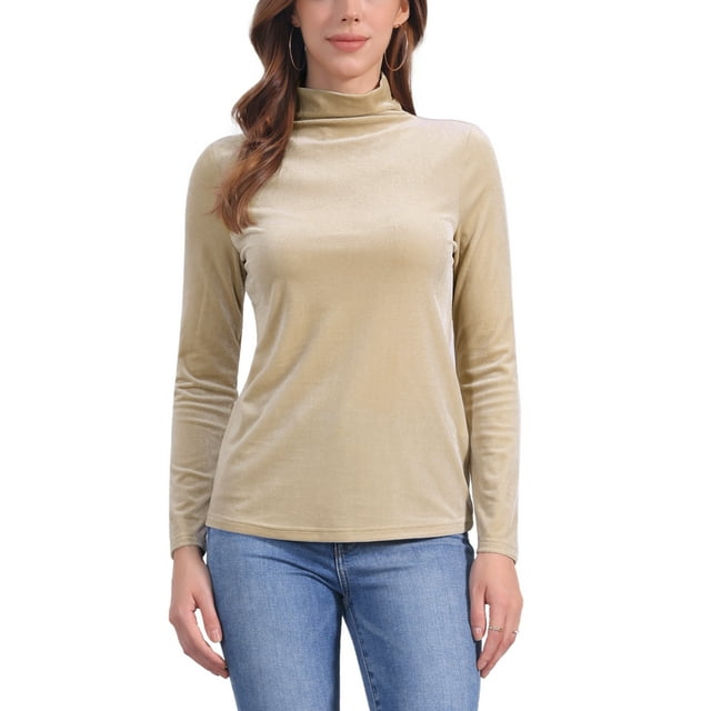 INSPIRAR CHIC Blusa de Mujer de Manga Larga Cuello Mock Cuello de Tortuga de Terciopelo Elástico L Albaricoque