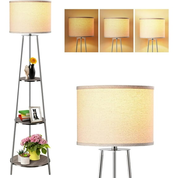 Floor Lamp, 3-Tier Round Corner Shelf Floor Lamp with 3 Dimmable Levels - Simple Standing Lamp with White Fabric Shade, Tall Modern Floor Lamps with Shelves for Bedroom, Living Room and Office