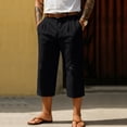 thumbnail image 3 of Men's Cropped Straight Leg Pants 3/4 Length Below Knee Drawstring Waist Lightweight Breathable Cotton Linen Blend Casual Summer Beach Travel Outdoor Lounge Shorts Black M, 3 of 4