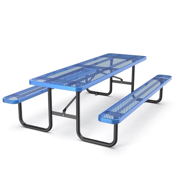 Chery Industrial 96 Inches Metal Picnic Table with Blue Finish and Umbrella Hole