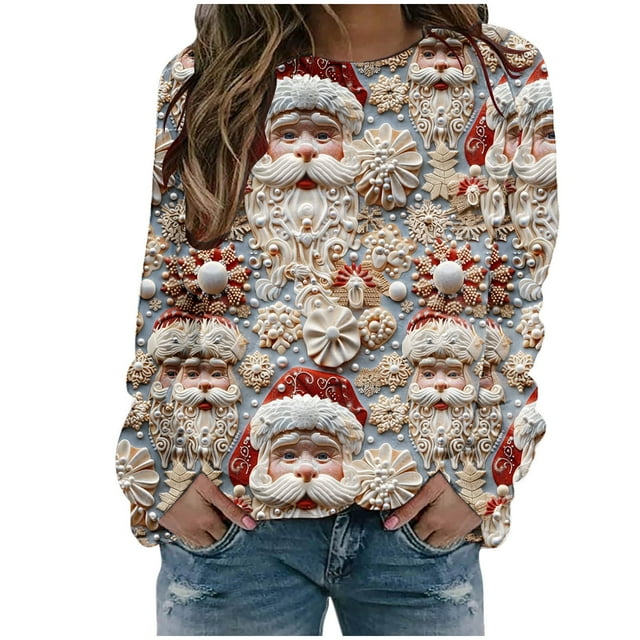 Ugly Noël Chandail Femme Noël Nouveauté Chandails en Molleton Graphiques 3D Manches Longues Col Rond Chandail de Vacances