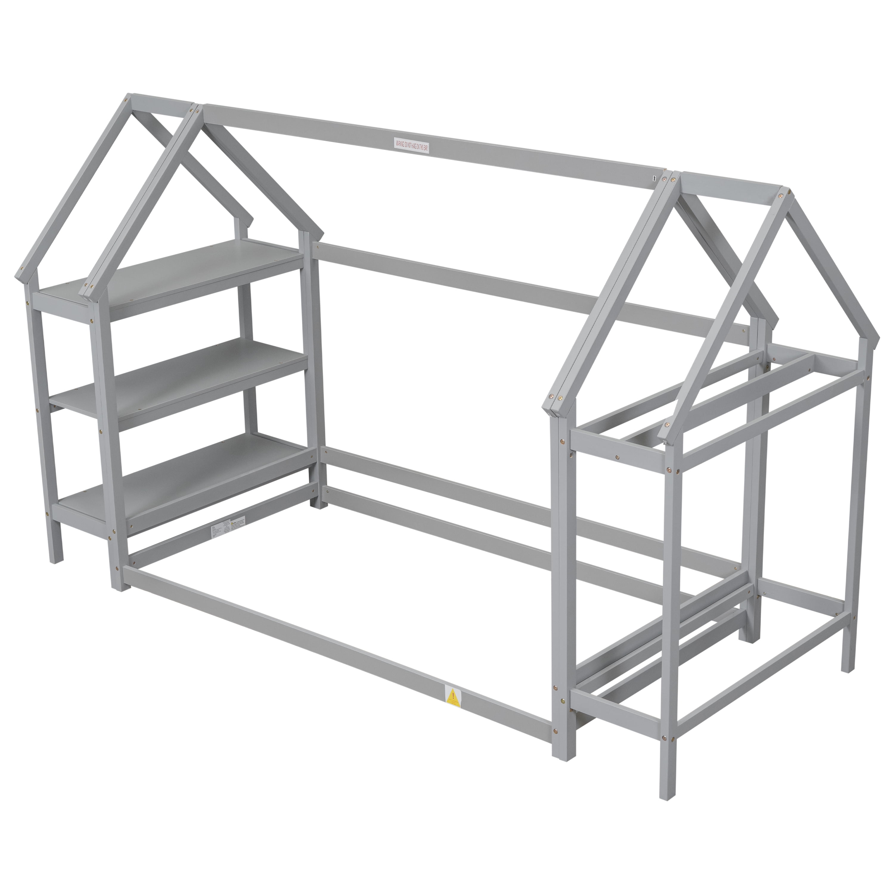 Euroco Wood Twin House-Shaped Floor Bed with Moveable Shelf and Wardrobe for Kids, Gray