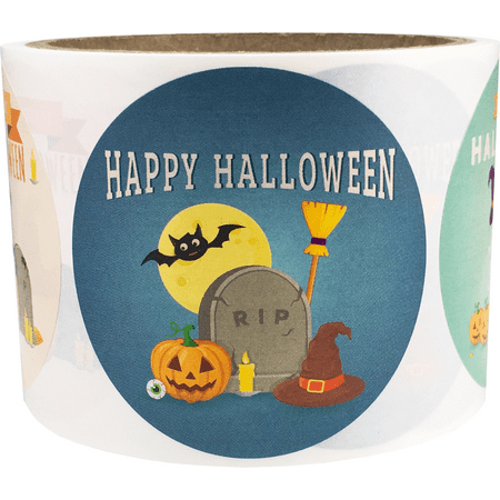 Happy Halloween Stickers 2.5 Inch Round Circle Dots 4 Different Designs 100 Total Adhesive Stickers
