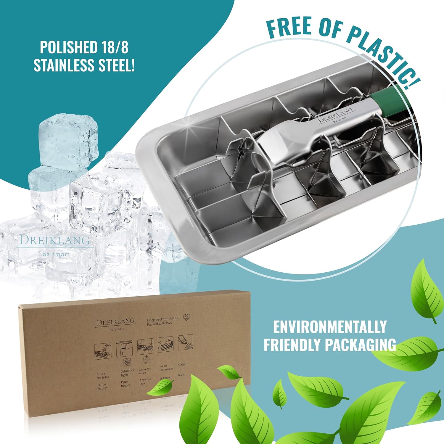 Stainless Steel Polished Set 2-Pack Ice Cube Tray for Freezer with Lever Insert | Easy Release Cold-Insulated Grip | Food-Safe  Ice Maker