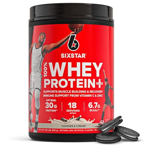 Six Star Whey Protein Powder Plus - Fórmula de recuperación y desarrollo muscular con aislado de suero en polvo, BCAA, 30 g de proteína, apoyo inmunológico - Suplemento post-entrenamiento - Galletas y