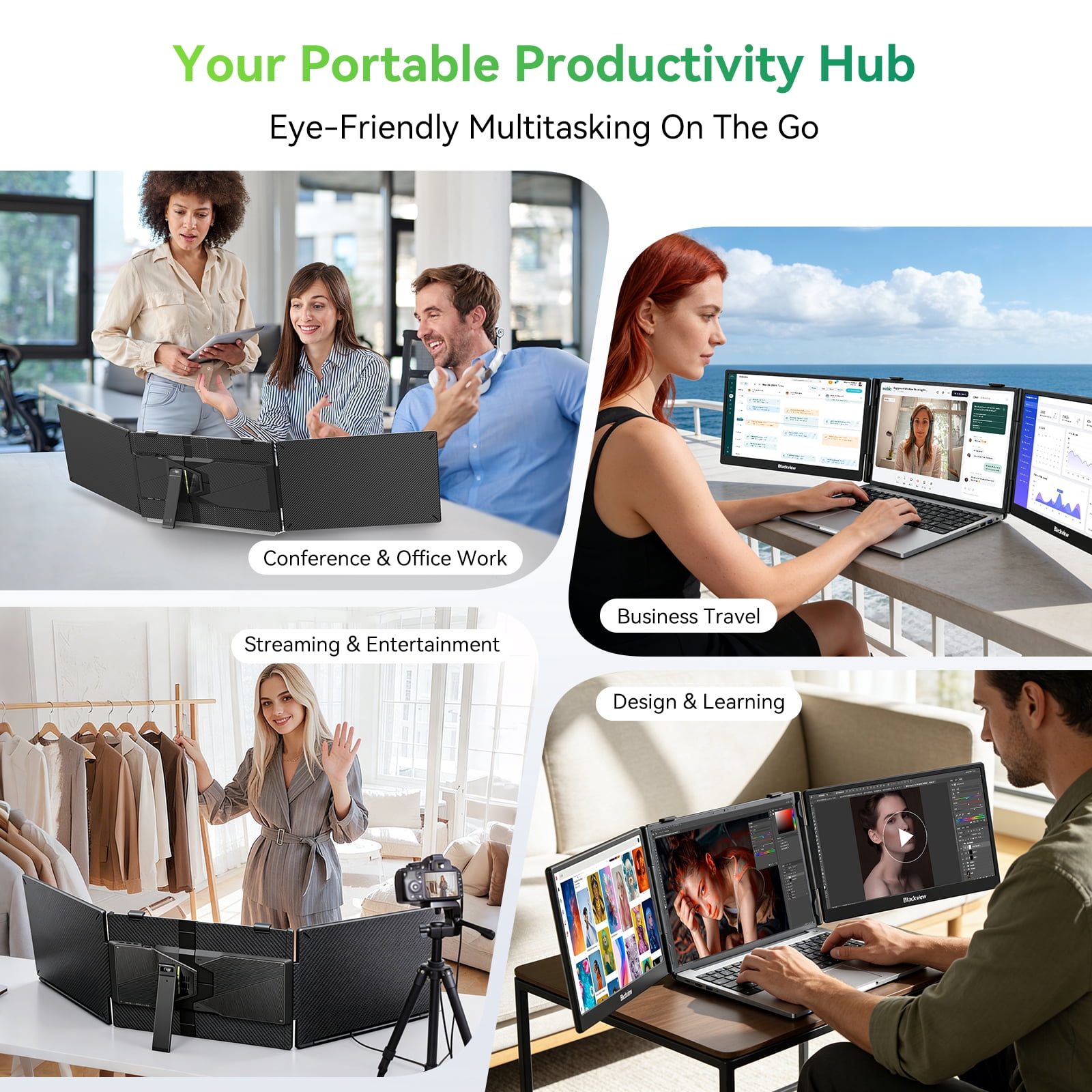 Blackview Laptop Screen Extender, 14" 1080P FHD IPS Triple Portable Monitor, Ultra-Slim Travel Dual Monitor Fit for 13"-17.3" Laptops, USB-C Plug&Play Extended Screen for Windows/Mac/Android/Switch
