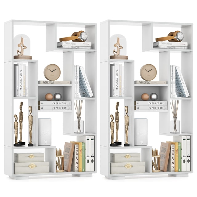 Costway 2 PCS 47" Tall Bookshelf Modern Geometric Bookcase with Open Shelves for Home White