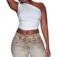 thumbnail image 2 of Women'S One Shoulder Sleeveless Ruched Ribbed Crop Top Backless Slim Fit Knit Tank Tees White S, 2 of 9