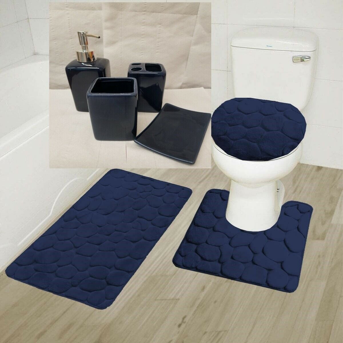 3 Piece Bathroom Anti-Skid Pads British Flag Blue Red White National Memory Foam Mat Set Matches Anti-Skid Absorbent Toilet Seat Cover Bath Mat Lid