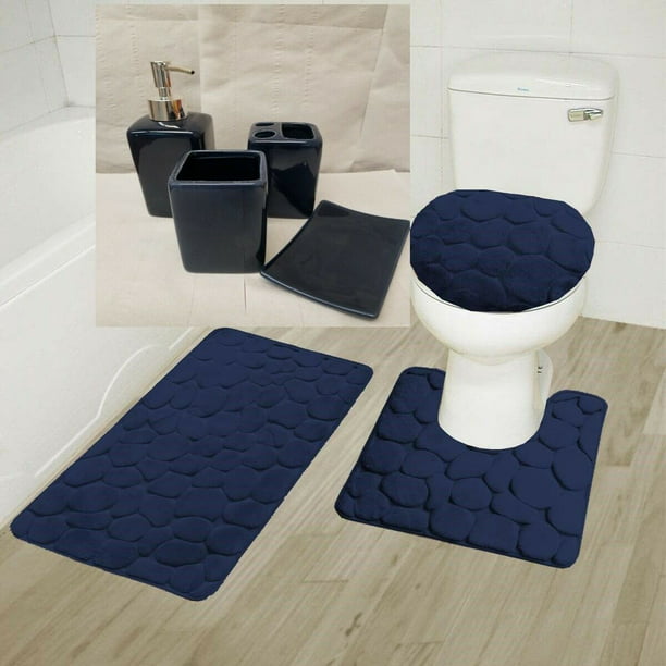Complete Bathroom Set 7pc Rock Navy Super Soft Memory Foam 1 Bath Mat Contour Non Slip Lid Cover With Matching Ceramic Accesories For Com - Navy Blue Toilet Seat Cover Set