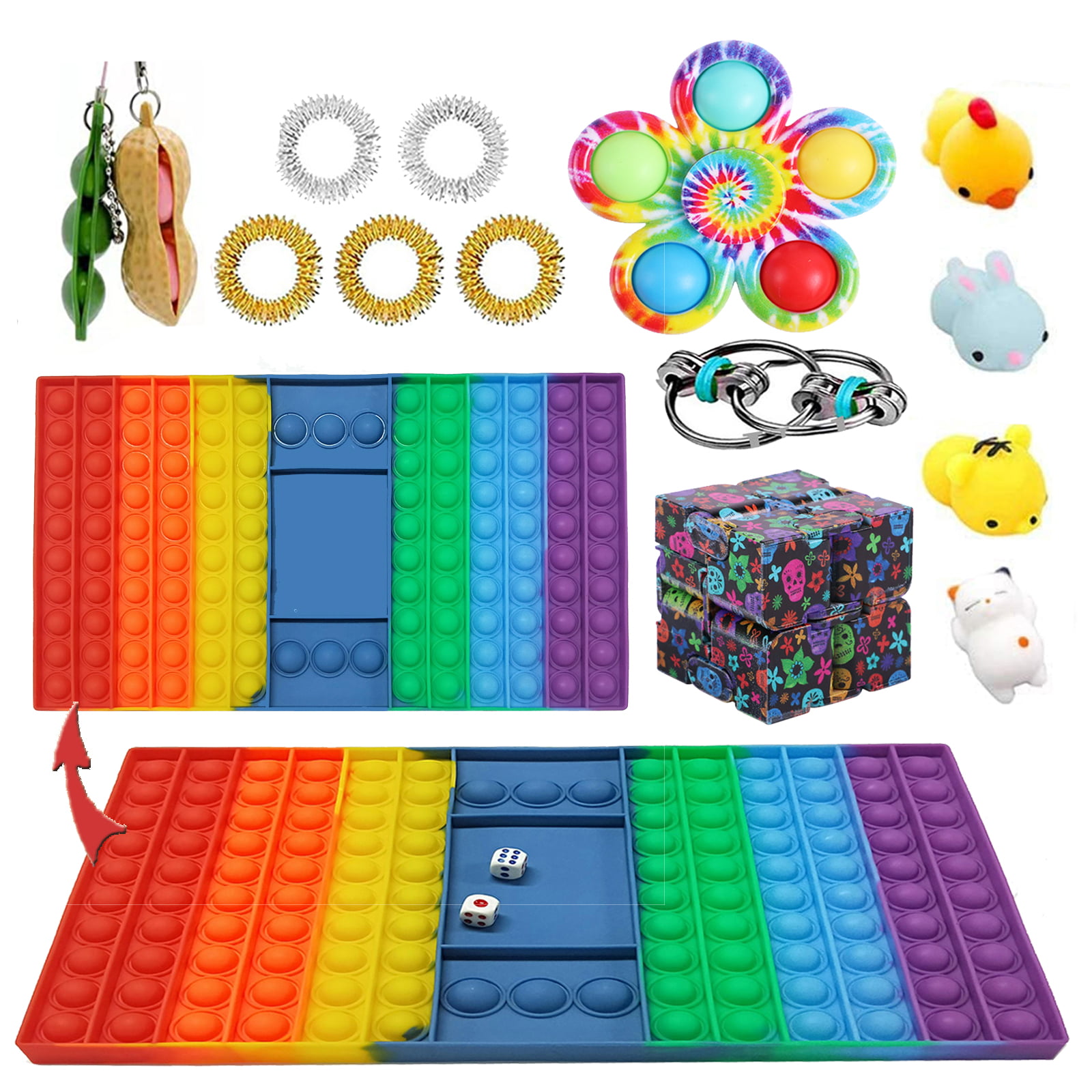 Poppit Push Fidget Sensory Toy Silicone Rainbow Chess Board Bubble Popper Game 