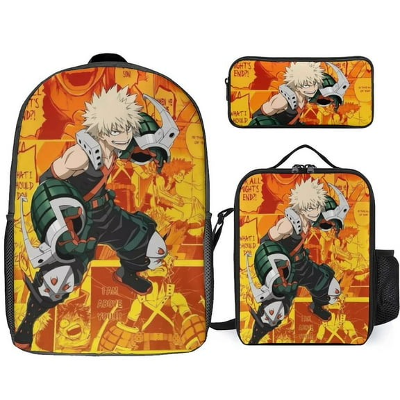 My Hero Academia Bakugo Katsuki 3 Piece Backpack Set with Lunch Bag Pencil Case , High Capacity Bookbag with Lunch Box Pen Box for Man Women Workplace Travel