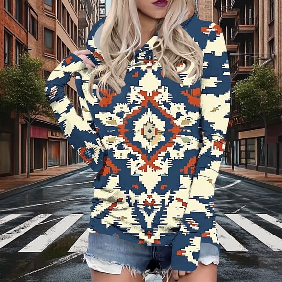 Hoodie for Women Southwestern Aztec Pattern Print Long Sleeve Pullover Hooded Sweatshirt Relaxed Fit Bohemian Style Casual Graphic Clothes Top