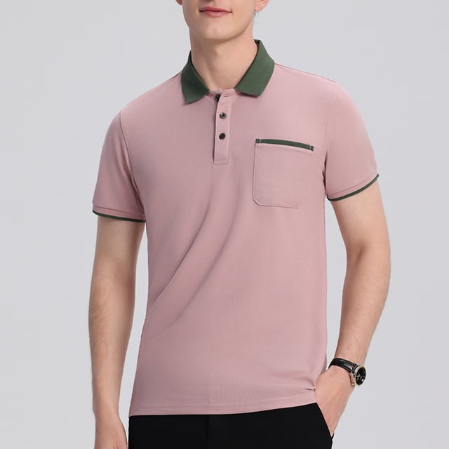 Blusa y camisa de manga corta con cuello vuelto para hombre, color liso, informal, con bolsillos y botones, blusa de manga corta con cuello vuelto, blusa de poliéster para hombre