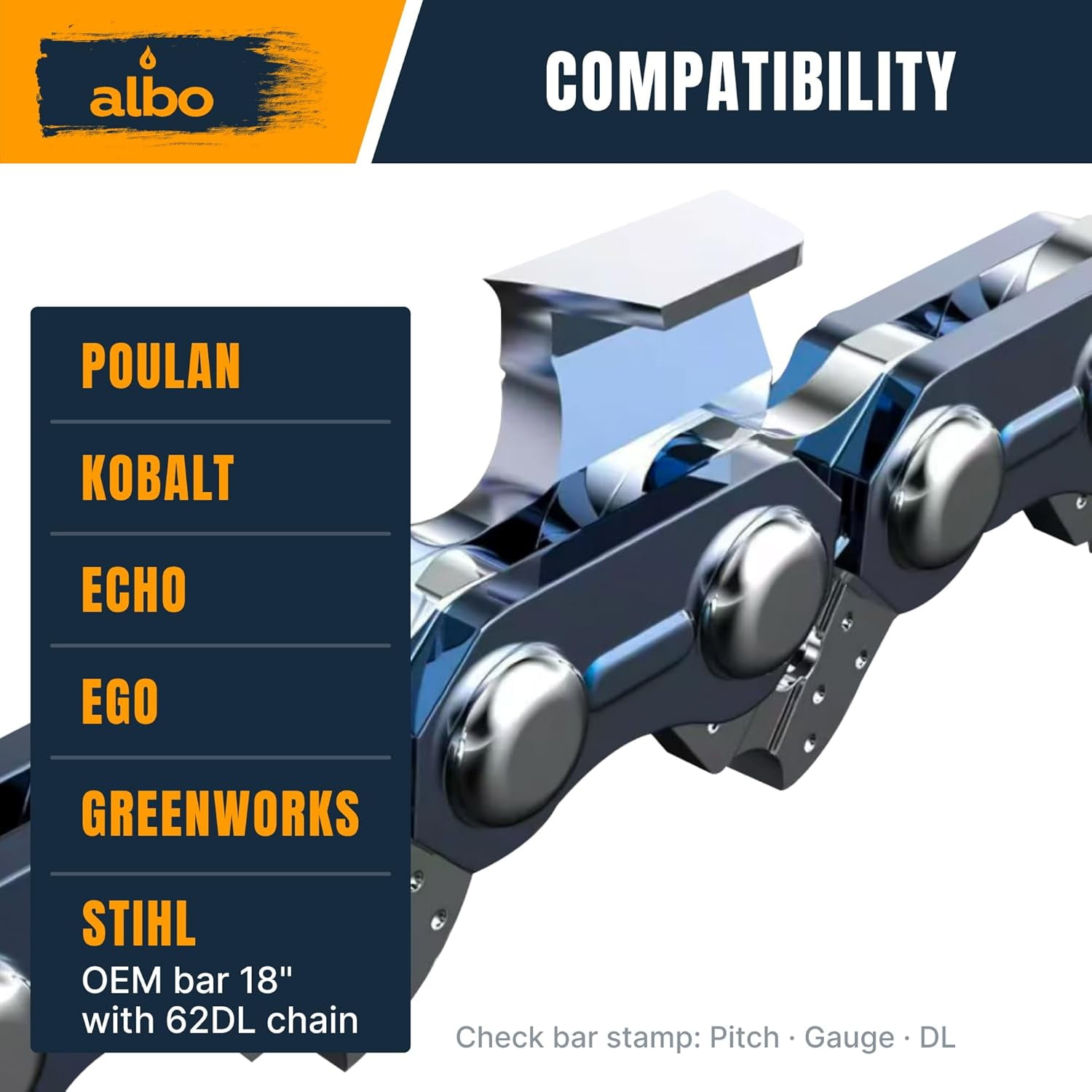 3/8" Low-Profile Full-Chisel Chainsaw Chain, 33 Drive Links, for Portland, Greenworks, Kobalt, Remington, Sun Joe, Ego - 3 Pack