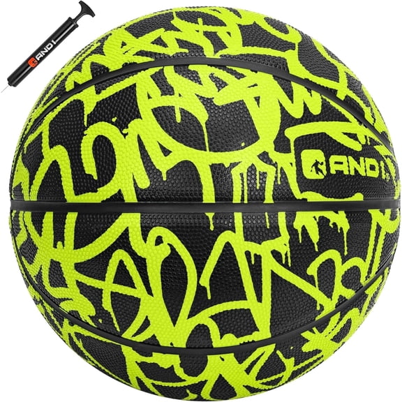 AND1 Fantom Classic Graffiti Rubber Basketball, Size 7 (29.5"), Indoor/Outdoor, Deep Channel Construction, Includes Hand Pump