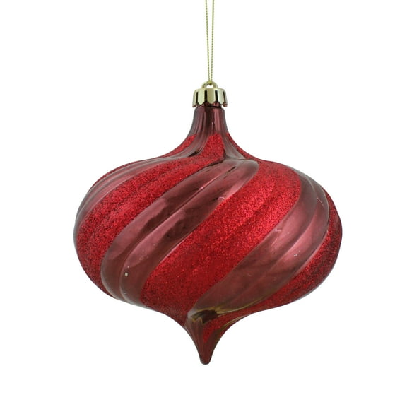 4ct Shiny Burgundy Glitter Swirl Shatterproof Onion Christmas Ornaments 5.75"
