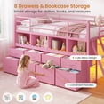 thumbnail image 5 of Low Loft Bed Twin Size with 8 Storage Drawers and LED Lights, Metal Loft Bed Frame with Bookcase Storage, Safety Guardrail and Under-Bed Play Space, Pink, 5 of 9