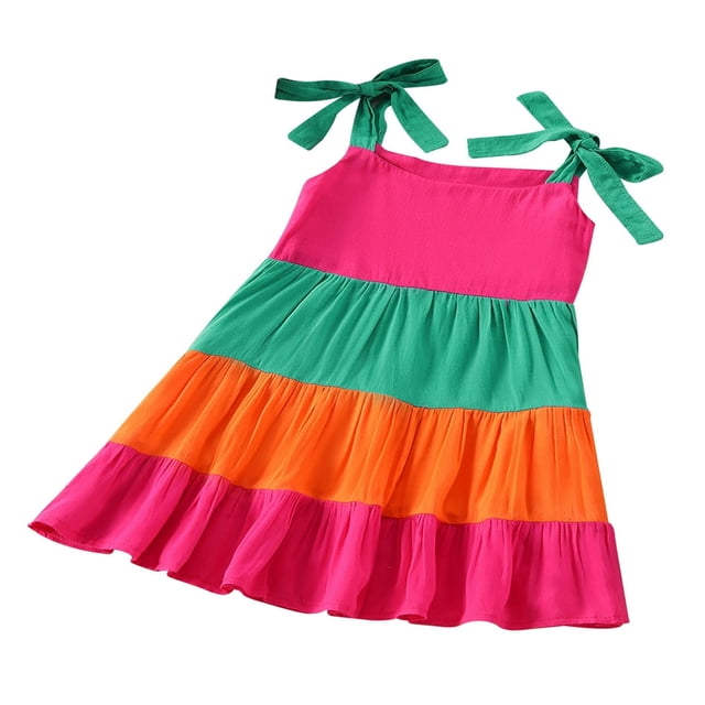 Robe d'Été Arc-en-Ciel Sans Manches à Col Licou pour Petite Fille, Robe Tutu de Plage une Pièce
