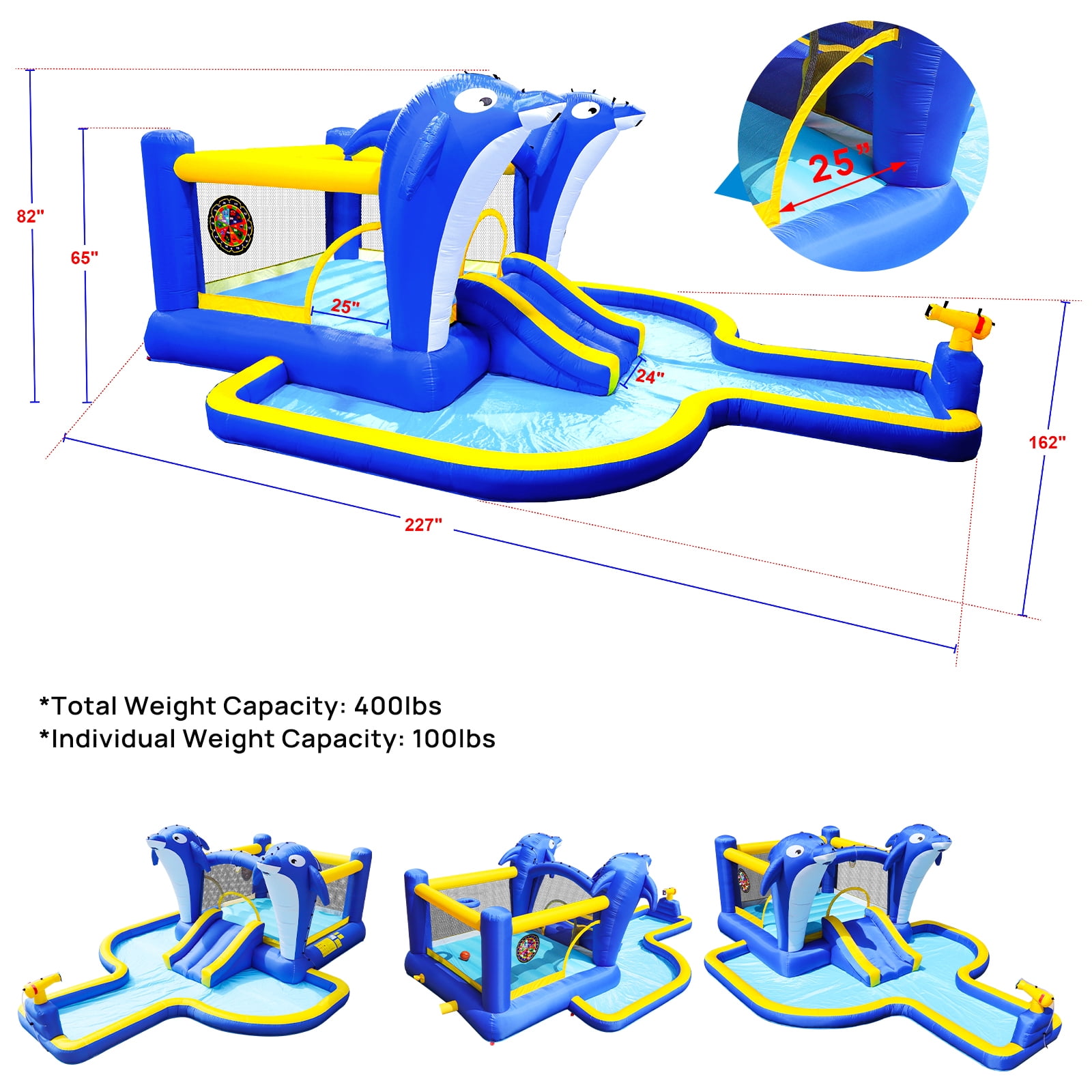CASEMIOL 8 in 1 Inflatable Water Slide for Kids Backyard, Bounce House with Blower for Big Kids, Outdoor Water Park Trampoline with Dolphin Sprinkler, Splash Pool, Target Games, Water Gun