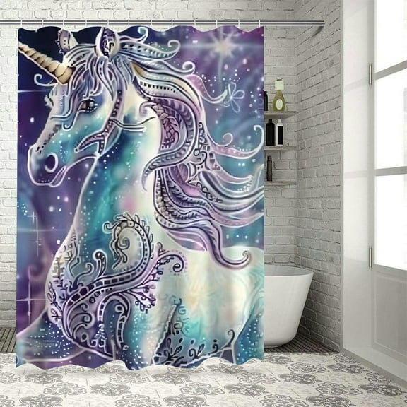 Pratyus Unicorn Long Mane Star Modern Waterproof Shower Curtain for Country Cottage & Farmhouse Bathroom Decor 100% Polyester Fiber Home Bathroom Curtain Decoration with Hooks 36x72