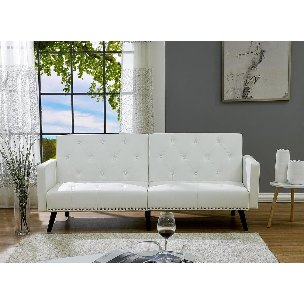 Naomi Home Modern Tufted Futon Sofa Bed in Faux Leather, White
