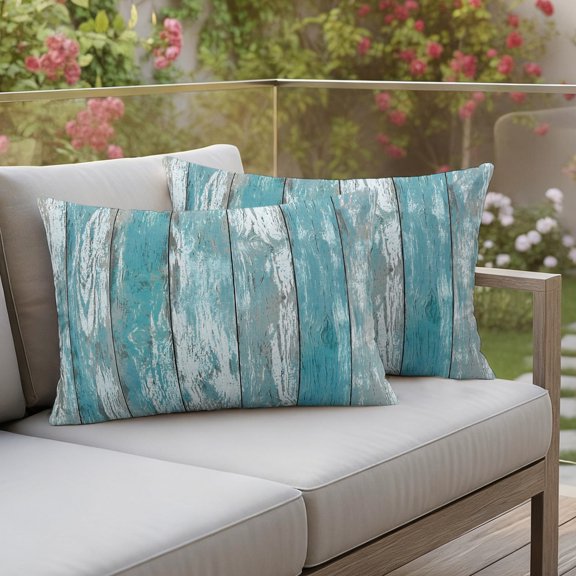 Turquoise Grey Outdoor Waterproof Throw Pillow Covers 20x12 Set of 2, Farmhouse Cabin Barn Wooden Grain Decorative Pillowcases Cushion Pillowcase for Couch Sofa Patio Outside Pillow Protector