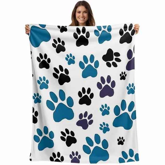 Dog Cat Paw Print Throw Blankets, Blue Black Soft Fleece Blanket Decorative for Home Sofa Couch Chair Living Bedroom, 50x60 inches,