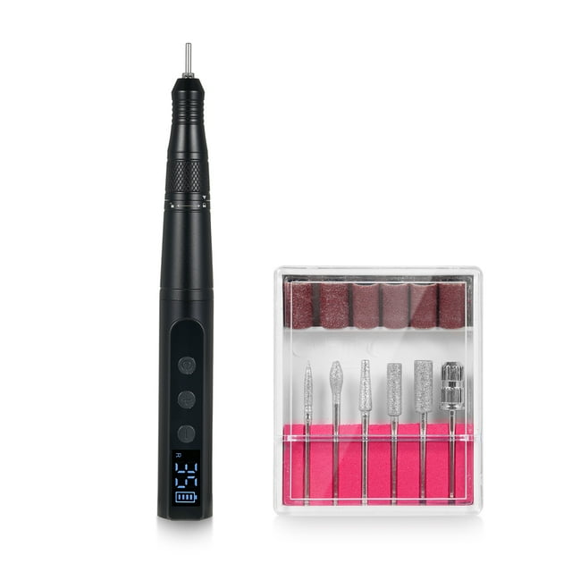 Amoladora de uñas eléctrica Kit de pulido de taladro de uñas eléctrico 35000 RPM Taladro de uñas Máquina de pedicura de manicura recargable con 6 brocas y bandas de lijado para uso en salón en el hoga