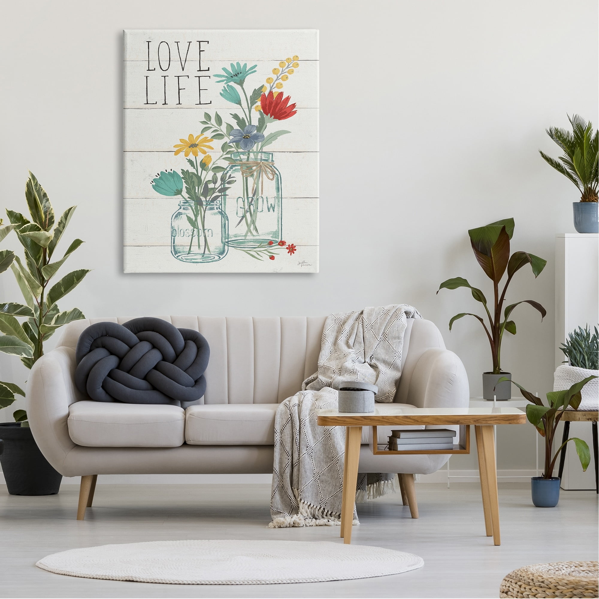 Stupell Industries Love Life Sentiment Blue Yellow Blooming Flowers Blossom Jar Graphic Art Gallery-Wrapped Canvas Print Wall Art, 36x48, by Janelle Penner
