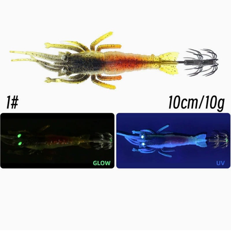 GRIMPEX Uv Glow Squid Jig 10cm 10G Soft Shrimp Lure with Umbrella Hook for Easy Hookset 1# Color 10Cm10G