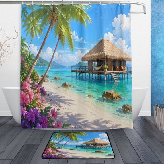 TTYFWHD 60" x 72" Shower Curtain and Bath Mat Set Ocean View Palm Beach Waterproof Bathroom Curtain with 12 Hooks, Bathroom Decor Set