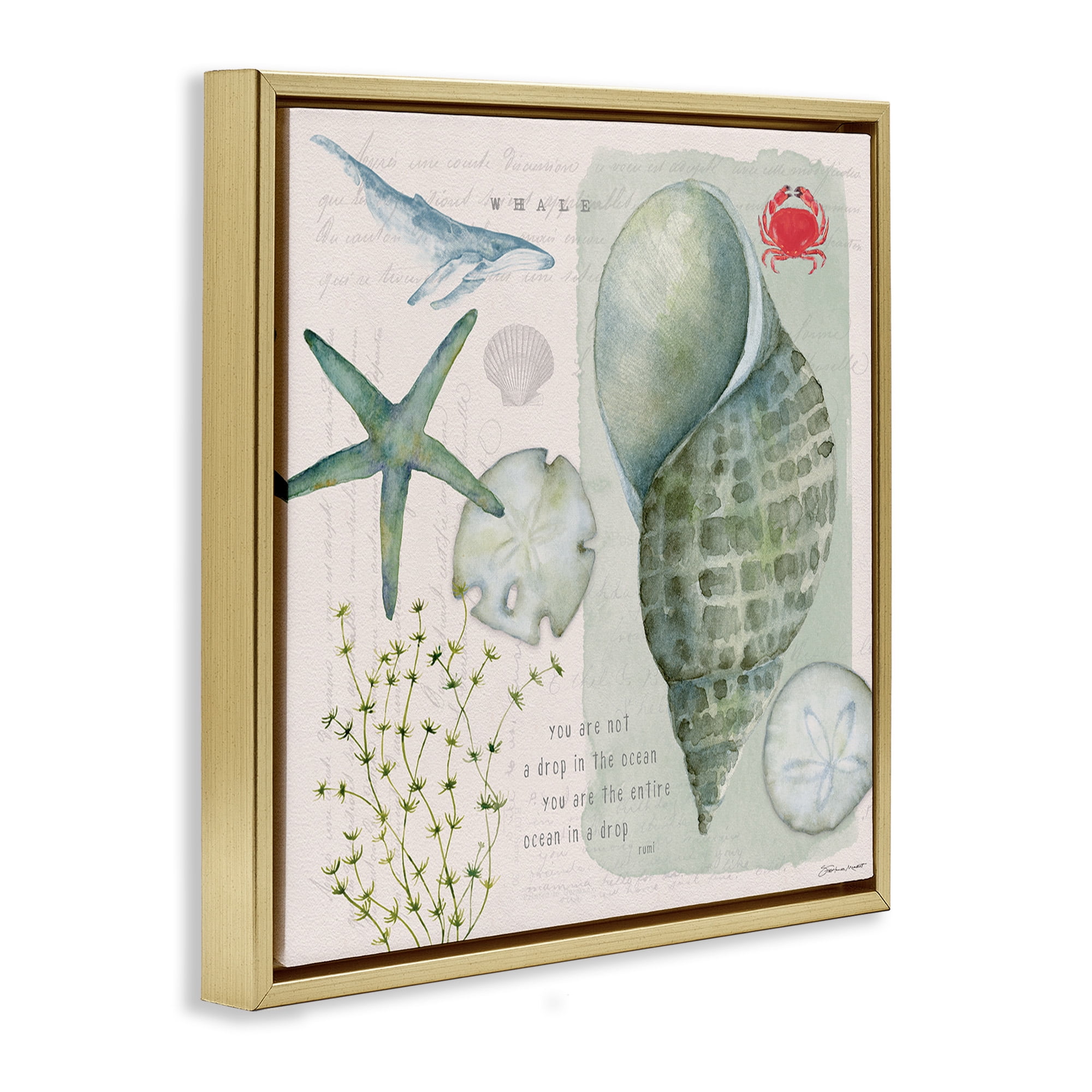 Stupell Industries Sea Shell Inspirational Collage Inspirational Painting Gold Floater Framed Canvas Art Print Wall Art, 18 x 18