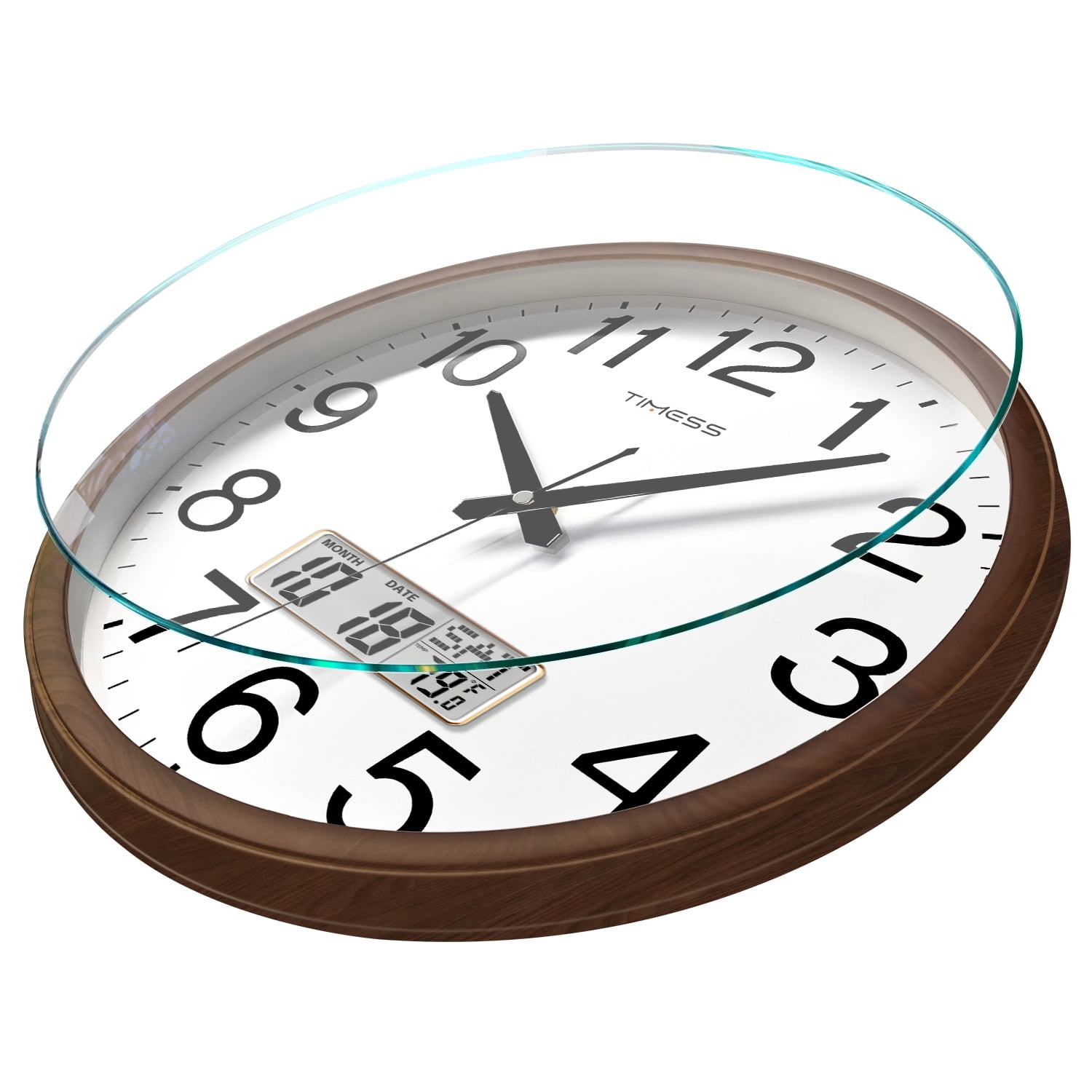 TIMESS 13" Digital Wall Clock with Brown Wood Grain Frame, Calendar and Temp Display, Silent Quartz