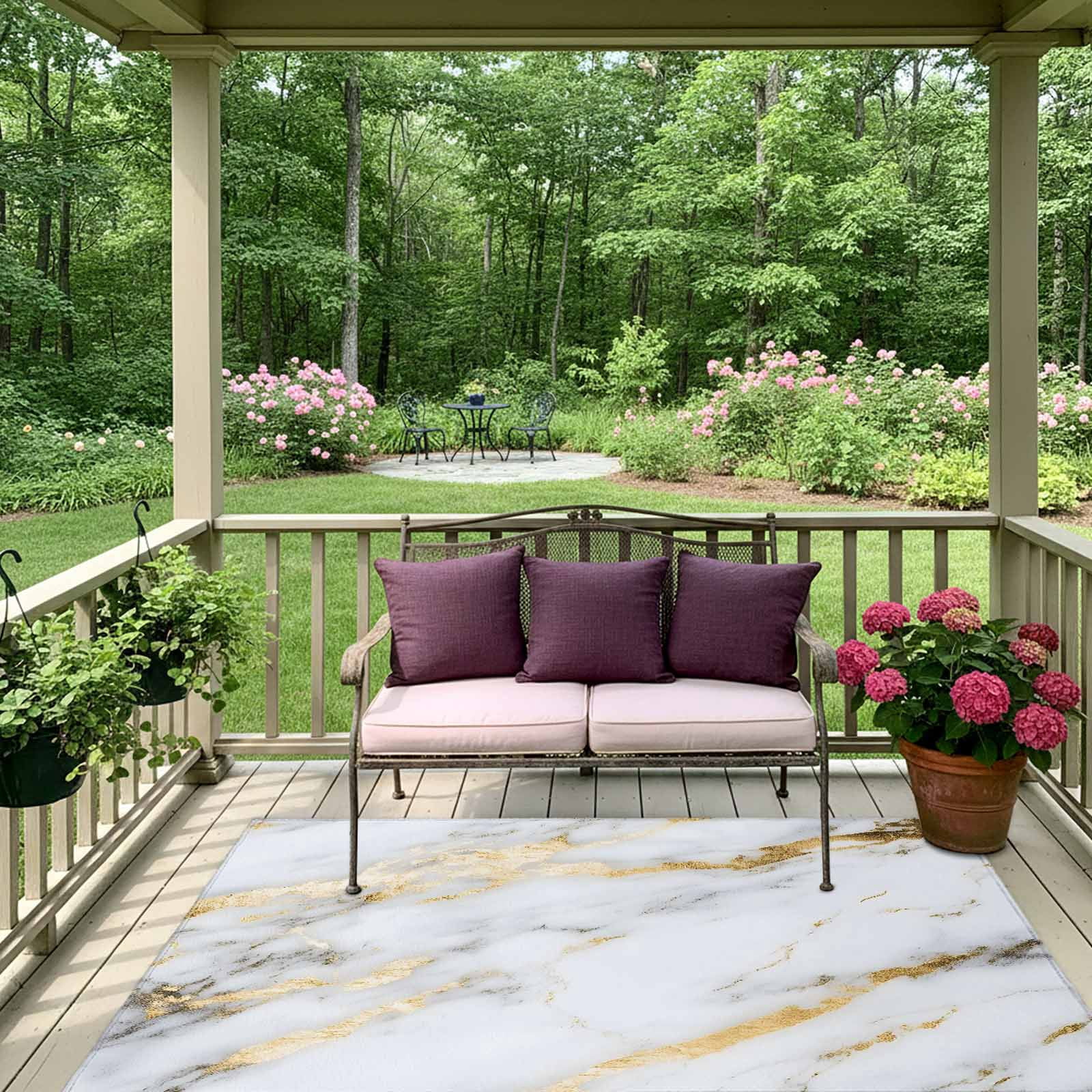 Outdoor Rug 5x8ft Ombre White Golden Marble Large Area Rug Abstract Art Indoor Outdoor Carpet Outdoor Rugs Mats for Patio Camping,RV,Front Door, Outside Decor