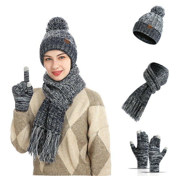 3 Pcs Winter Kint Scarf for Men Women with Touchscreen Gloves Warm , Knit Beanie Hat Neck Warmer