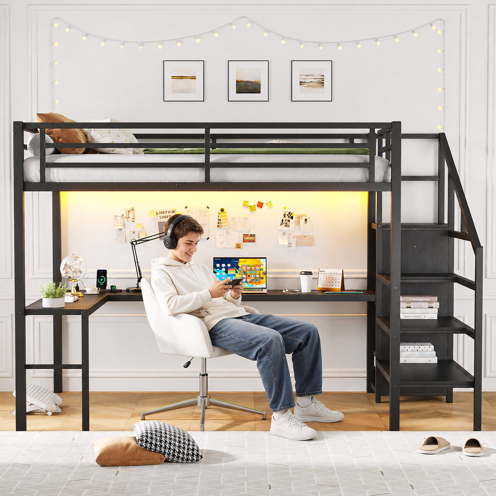 Mintazer Full Size Power Outlet Metal Loft Bed with L-Shaped Desk & Wardrobe, Heavy Duty Loft Bed Frame with Adjustable Shelf and LED Light for Kids Teens, Black