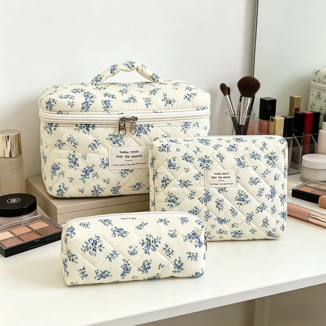 ZZkhGO Large Capacity Partitioned Storage Bag, Polyester Quilted Travel Organizer, Vintage Floral Makeup Pouch Set with 3 Sizes for Business Trips