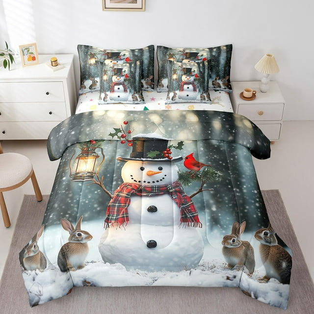Xmas Snowman Comforter Set 7 Piece Bed in a Bag Twin,Cute Rabbit Sheet Set with Comforter Merry Christmas Bedding Sets,Xmas Snowflake Bed Set Cartoon Christmas Decorations