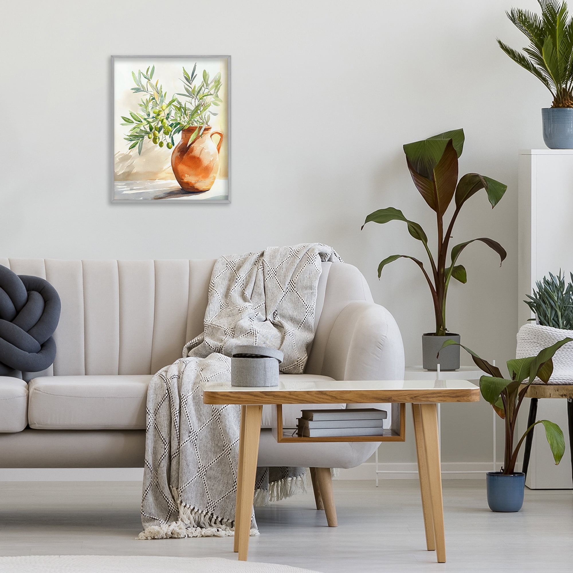 Stupell Industries Olive Branch in Terracotta Vase Gray Framed Giclee Art, design by LSR Design Studio