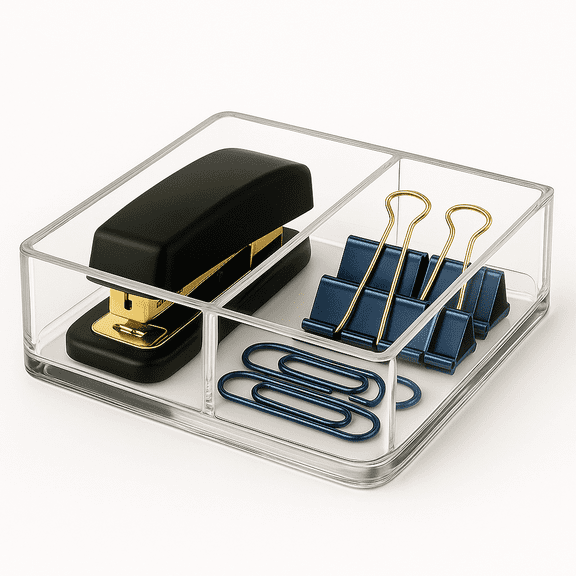 Classic Acrylic Paper Clip & Note Holder w/ Adjustable Divider - Desk Organizer for Office
